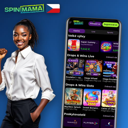 Mobilní aplikace Spinmama Casino na chytrém telefonu se spodní navigací slotů a sázek
