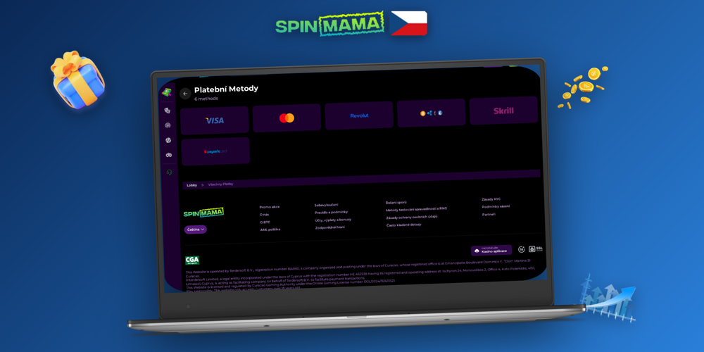 Rozhraní pokladny Spinmama Casino s dostupnými metodami výběru včetně Visa a Skrill