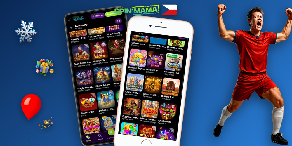 Spinmama Casino aplikace na třech zařízeních – Android telefonu, iPhonu a tabletu vedle sebe