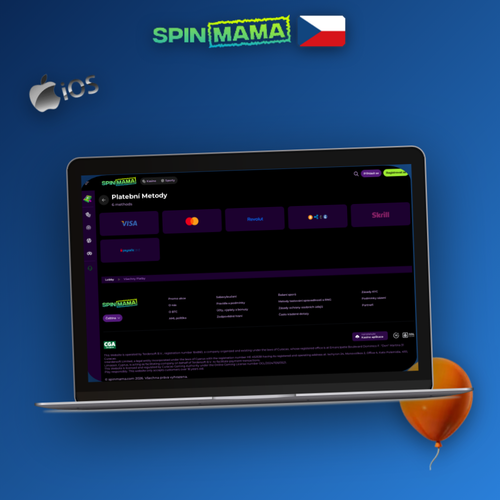 Spinmama Casino výběr peněz – hráč u notebooku s rozhraním pokladny a ikonami platebních metod